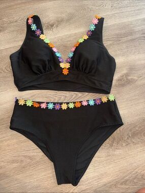 Black Two-Piece Bikini with Multicolor Daisy Trim